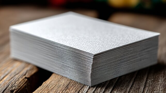 A stack of white textured business cards neatly arranged on a wooden surface,