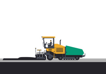 A yellow  green asphalt paver machine laying black asphalt on a grey surface Driver visible in the cab
