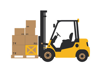 A yellow forklift carries a stack of cardboard boxes on a wooden pallet