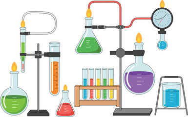 Detailed cartoon science lab setup, colorful chemical reactions, test tubes, burners, flasks, distillation equipment, educational experiment, chemistry illustration