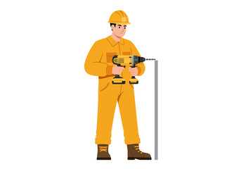 Worker in yellow overalls drills a wall
