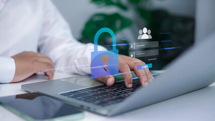 Cybersecurity, online privacy, data protection, secure access, and modern digital security. Close-up of business person using laptop with digital padlock and login screen overlay.