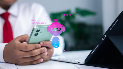 Artificial intelligence, digital communication, modern customer support and technology integration. Close-up of business person using smartphone with AI chatbot icon overlay.