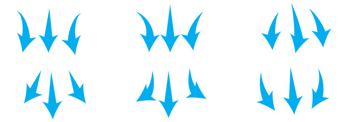 Air flow arrows set. Set of blue arrow showing wind air flow. Vector set of air flow arrows. Blue air flow arrows showing wind circulation and ventilation. Set of blue arrows showing cold air