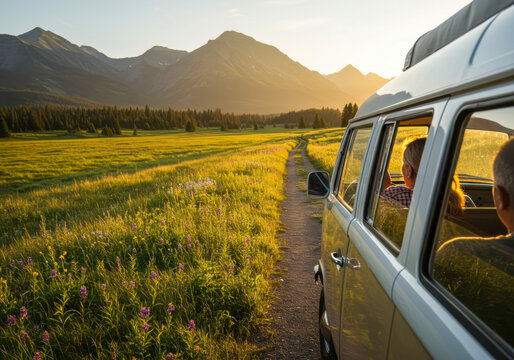 Adventurous couple on a road trip, enjoying the golden sunset over a vast mountain landscape from their classic camper van.