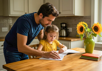 A devoted father patiently assists his young daughter with her homework, creating a supportive and educational environment in their sunlit home kitchen.
