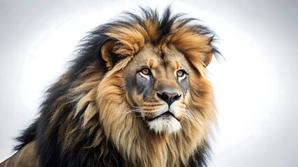 Fototapeta premium Closeup portrait of a majestic male lion with a full mane, captured in a studio shot with a white background