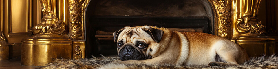 King pug resting calmly on fur rug near an old golden fireplace