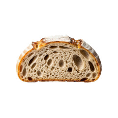 A thick slice of artisan sourdough bread with an open crumb, golden crust, and salt flakes, centered on a clean transparent background, high-end commercial food photography concept