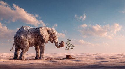 Fototapeta premium Elephant watering a sapling in a desert landscape