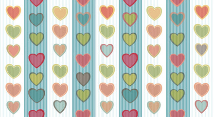 Pastel hearts arranged in vertical stripes on a light blue background.