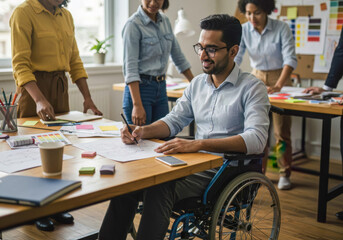 Diverse Creative Team Collaborating on Designs in an Inclusive Modern Office, with a Smiling Man in a Wheelchair Actively Participating