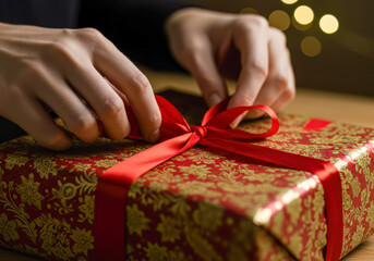 A close-up of hands carefully tying a festive red bow on a holiday gift wrapped in decorative golden paper.