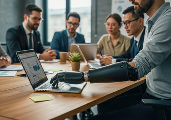 Obraz premium Inclusive Business Meeting: Professional with Bionic Arm Collaborates with Diverse Team on Data Analysis in Modern Office