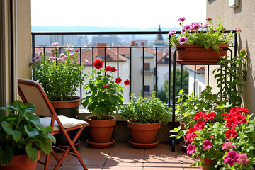 Fototapeta premium beautiful urban garden on a sunny apartment balcony with a variety of potted flowers and herbs, creating a peaceful green oasis with a view of the city
