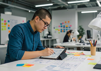 Dedicated User Experience Designer Meticulously Creating Digital Wireframes on a Tablet in a Collaborative Modern Office Environment