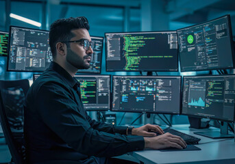 Fototapeta premium Focused software developer managing intricate systems and data on a multi-monitor workstation in a high-tech environment.