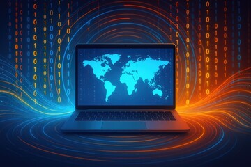 Laptop displaying world map with binary code and glowing data streams computer global