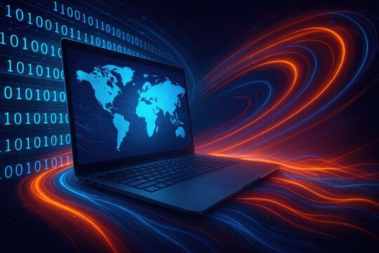 Laptop displaying world map with digital data streams and glowing light trails Keywords: laptop, world map, digital data, binary code, technology, global network, internet, communication, data