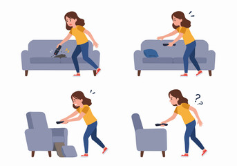 Frustrated woman searching for lost TV remote control under sofa and armchair cushions in her living room, depicting a common household struggle.