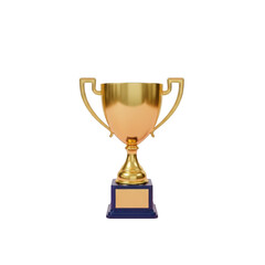 Golden trophy cup on a blue base, isolated on transparent background