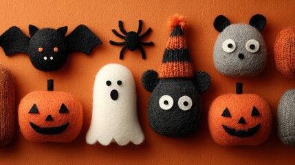 Obraz premium Top view of Halloween crafts with orange pumpkin, ghost, bat, and spider on orange background