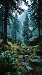 Obraz premium Wide shot of dark misty forest with fantasy Halloween atmosphere