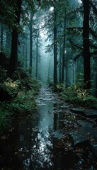 Obraz premium Wide shot of dark misty forest with fantasy Halloween atmosphere