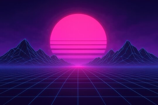 Retro sunset over neon wireframe mountains and grid landscape image photo