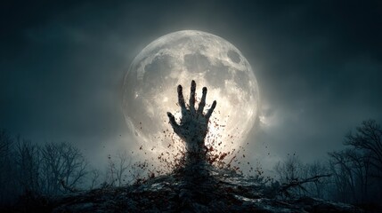 Zombie hand reaching up in front of a full moon on Halloween night
