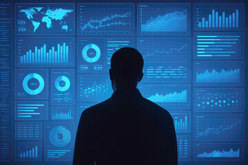 Silhouette of person facing large screen displaying financial charts and world map in blue tones analysis