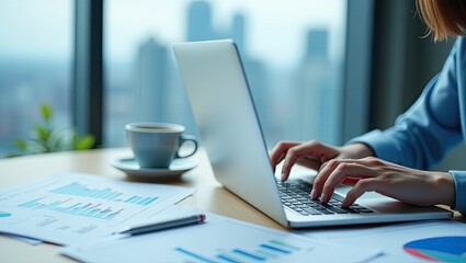 Person working on a laptop with documents and coffee.
