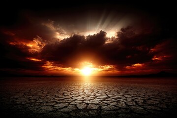Dramatic sunset over a cracked, desolate landscape