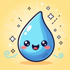 Naklejka premium Adorable kawaii water drop character illustration with a happy, smiling face and sparkling stars. Cute mascot for purity and hydration concepts.