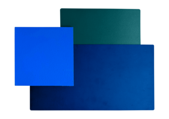 interior mood and tone material samples in blue and green color tone including painted wood, solid color laminated isolated on background with clipping path. matte color finished interior materials.  