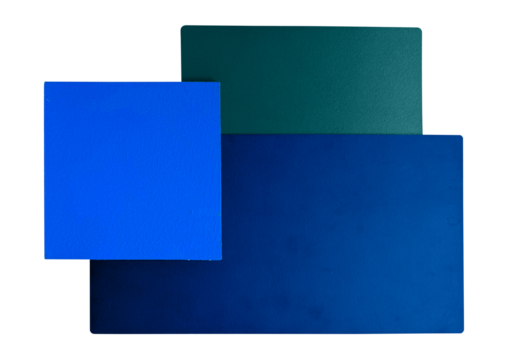 interior mood and tone material samples in blue and green color tone including painted wood, solid color laminated isolated on background with clipping path. matte color finished interior materials.  