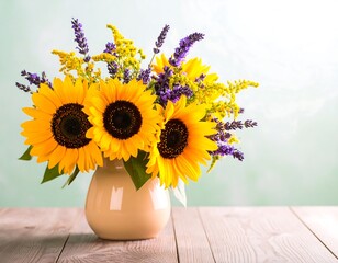 Vibrant bouquet of sunflowers and lavender in a vase. © Matchaa
