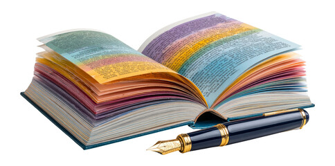 Open Book with Colorful Pages and Fountain Pen on Transparent Background