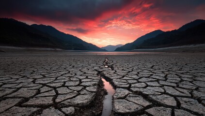 Dried Up Lakebed At Sunset With Cracked Earth And Mountains