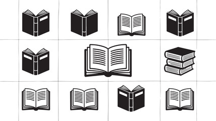Grid of Black Silhouette Book Icons in Various Poses books reading