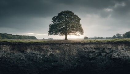 Lonely tree, roots, earthy landscape