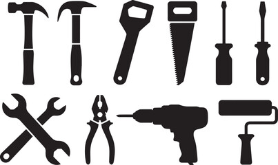 Silhouette icons of various hand tools including hammers, wrenches, pliers, and drill vector