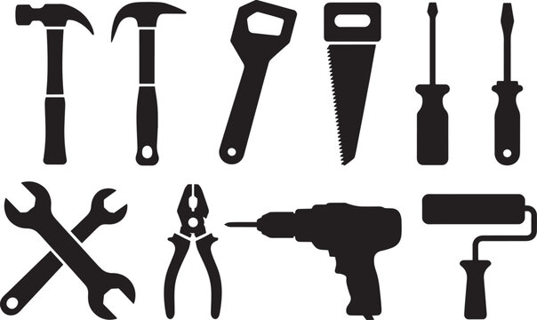 Silhouette icons of various hand tools including hammers, wrenches, pliers, and drill vector