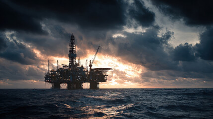 The dramatic silhouette of an oil rig dominates the ocean at sunset, showcasing energy exploration.
