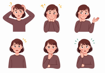 Cartoon illustration set of a young woman's expressions showing confusion, worry, and deep thought, ideal for illustrating dilemmas, questions, and problem-solving scenarios.
