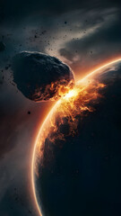 Dramatic asteroid collision with planet, a science fiction illustration of space catastrophe, an apocalyptic explosion of fire and energy in cosmos