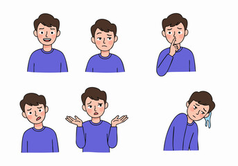 Cartoon Young Man's Emotional Spectrum: Happy, Annoyed, Shushing, Worried, Confused, and Stressed Expressions