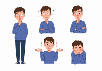 Character illustration set featuring a man expressing quiet contemplation, thoughtful silence, confused shrug, and emotional distress or boredom.