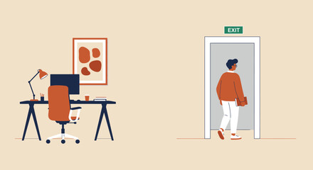 A person leaving the office, walking towards the exit door, with a desk, computer, and artwork in the background, symbolizing the end of the work day
