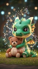 Whimsical dragon cub clutching teddy bear in enchanted forest setting creates endearing charm
